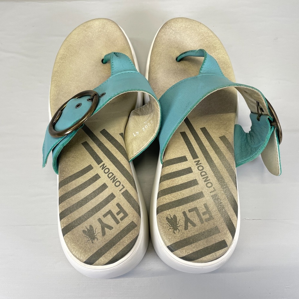Fly London Dafi Wedge Sandals Womens Size 41 US 10 Blue Leather Buckle Shoes - Picture 8 of 10